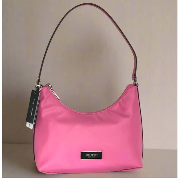 Kate Spade Sam Icon Shoulder Bag 90s Pink Nylon Small KSNYL Top Zip Leather - Picture 1 of 11